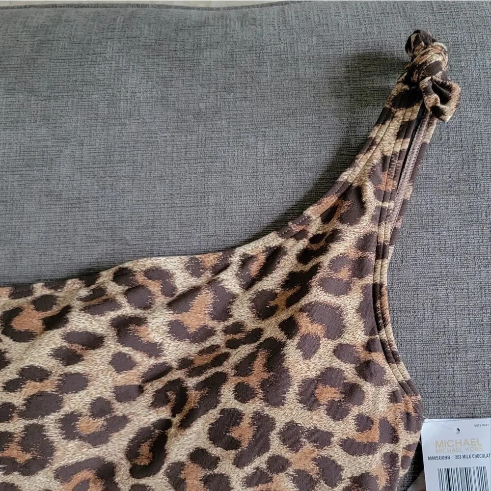 Michael Kors Women's Tan & Brown Leopard Print One Shoulder Swimsuit Size 8 - Picture 14 of 16